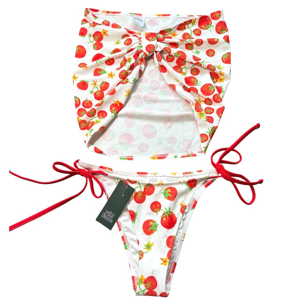 Wild Fable Tomato Print Bikini Bottom and Sarong Skirt Set White Red Small NWT